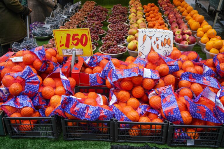 Bags of fruits in a market in the concept of local shops and markets in Surbiton.