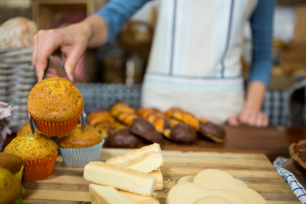 A closeup of pastries at the counter