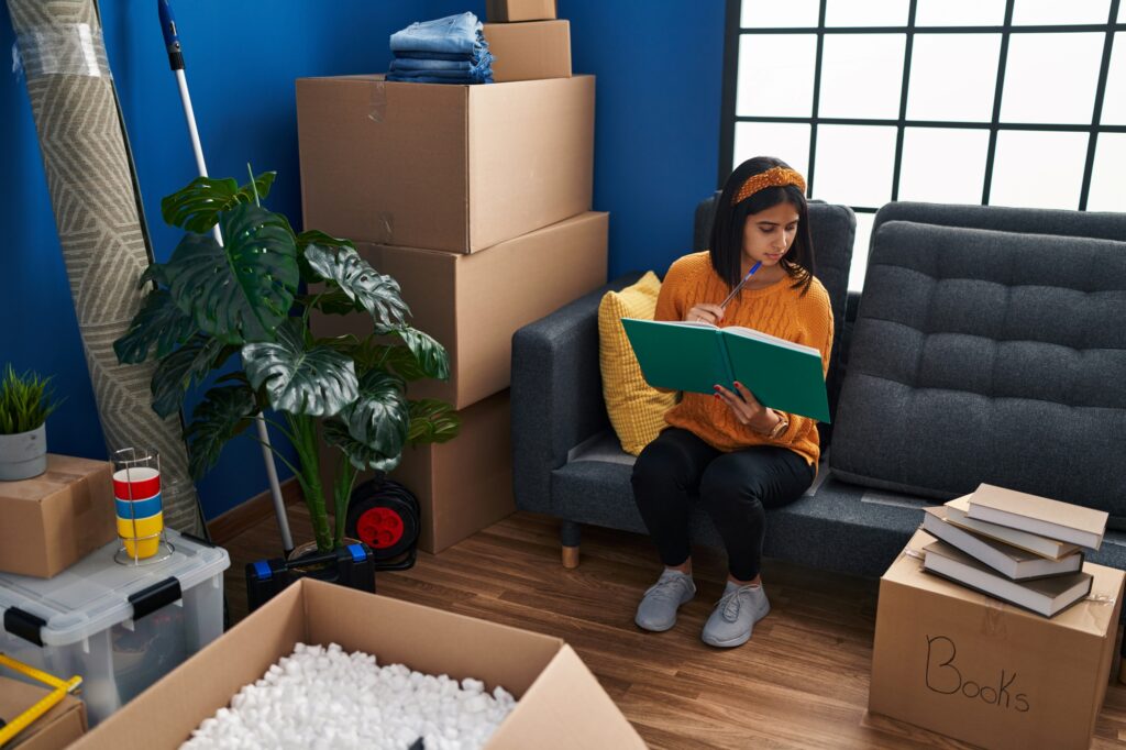 A female student reads a book on the couch after relocation