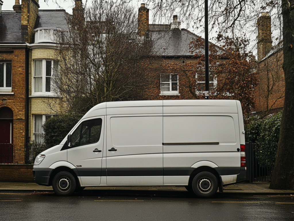 A white relocation van outside a brick house in the street of Surbiton